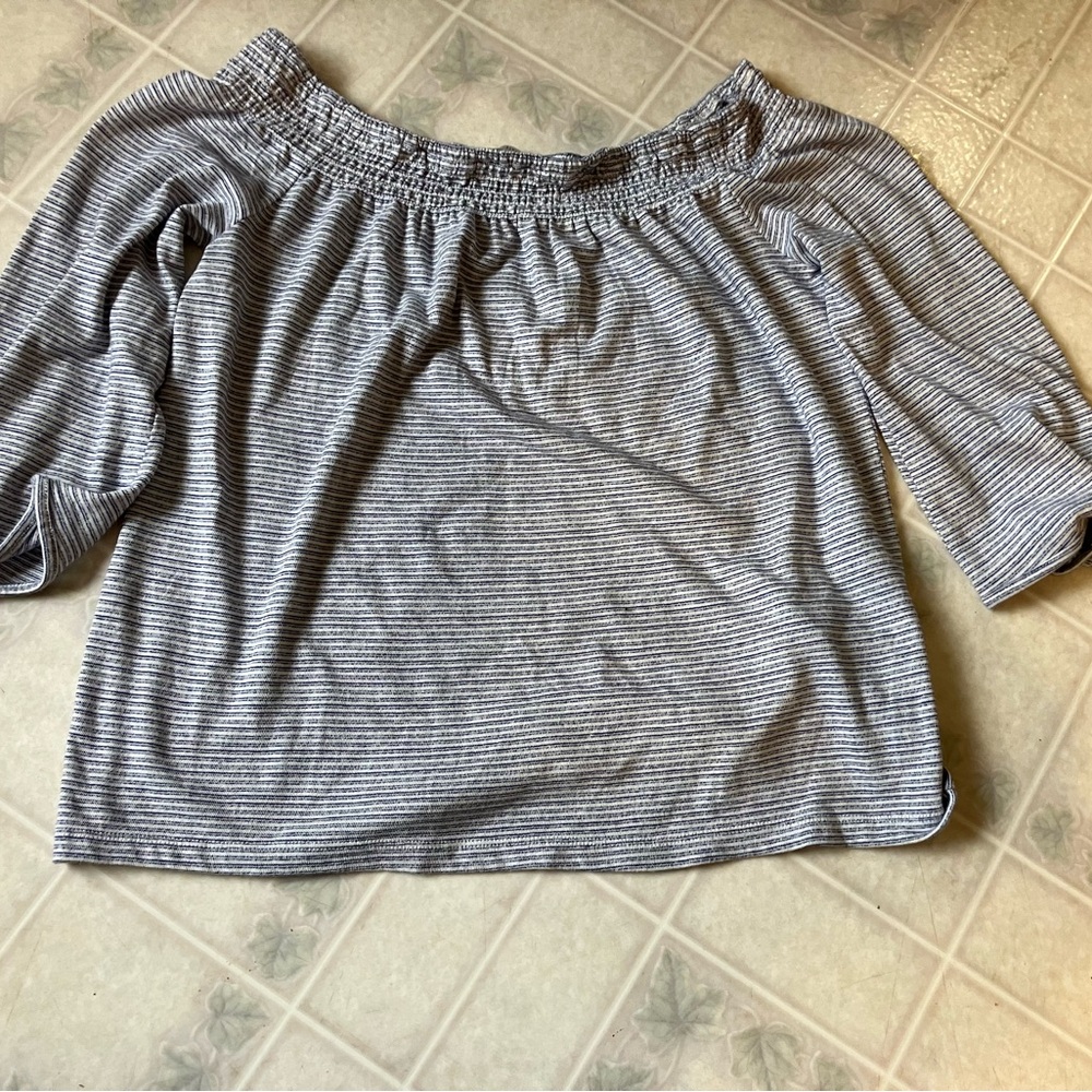 Lucky blue Striped elastic neck 3/4 tie sleeves knit blouse